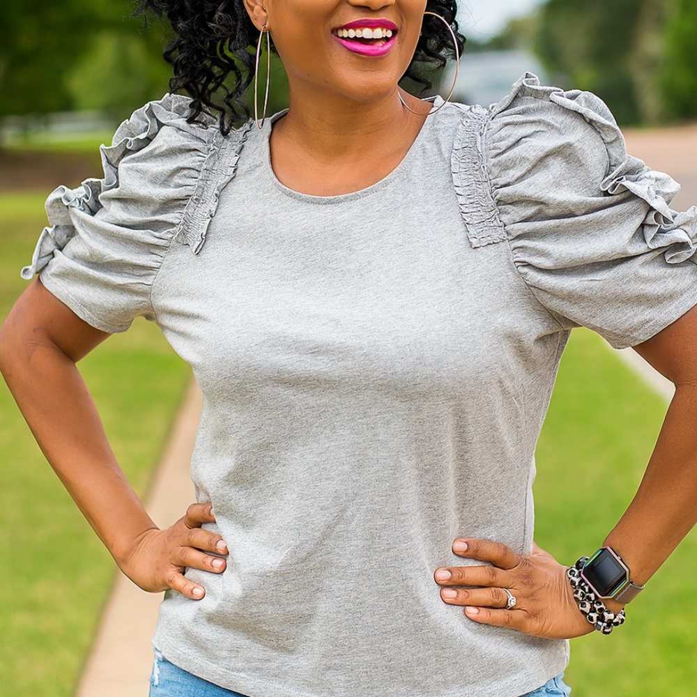 Gray Ruffle Shoulder Casual Top